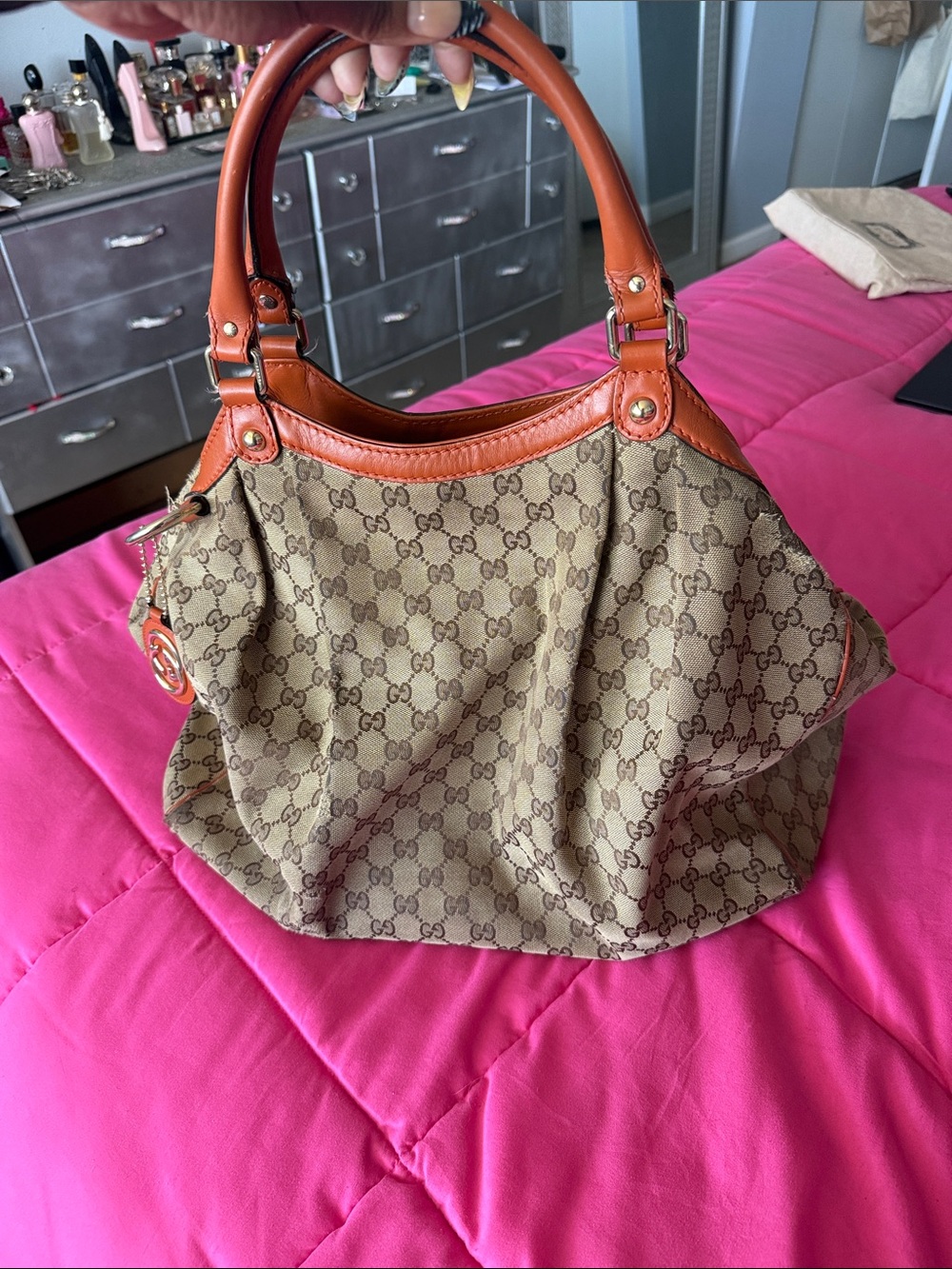 Gucci Brown Monogram Shoulder Bag with Tan Leather Handles
